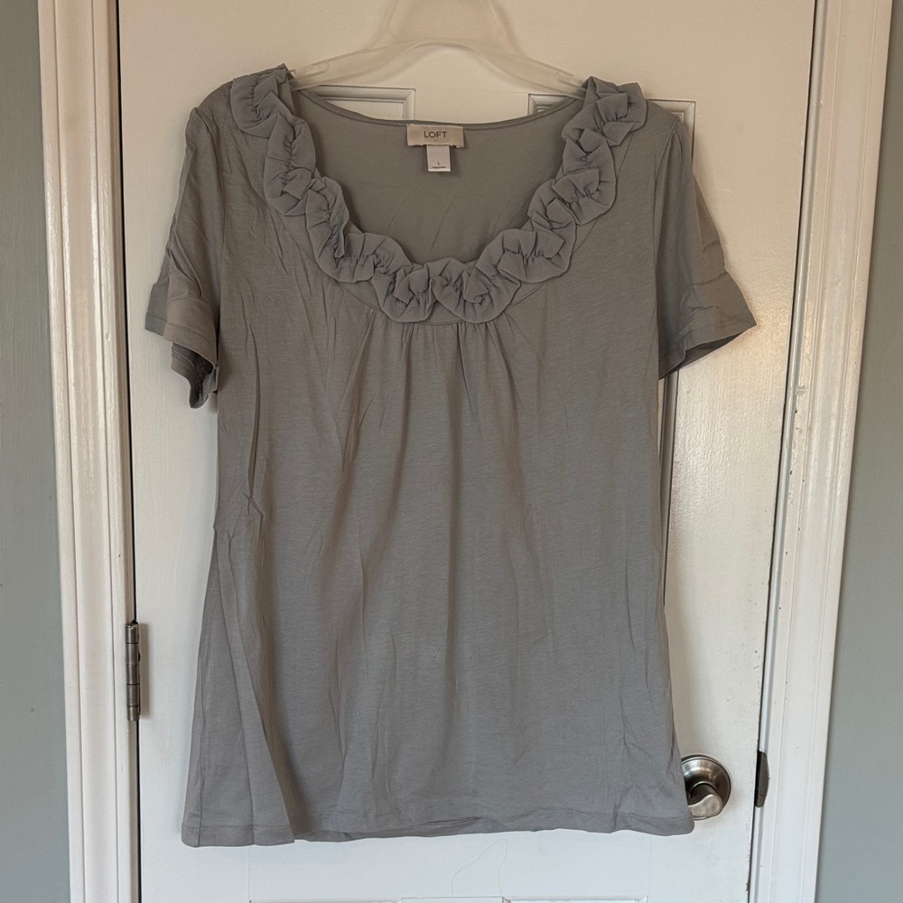 LOFT Light Gray Ruffle Trim Tee
